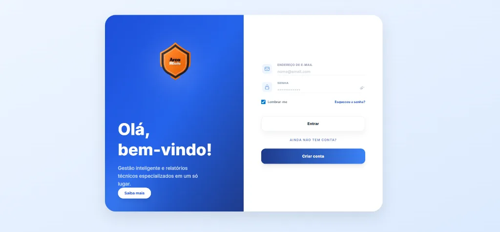 Interface do Arca Safe, plataforma de gestão e relatórios técnicos